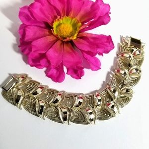 Vintage Rousseau bracelet pale gold tone wide linked panels leaves leaf